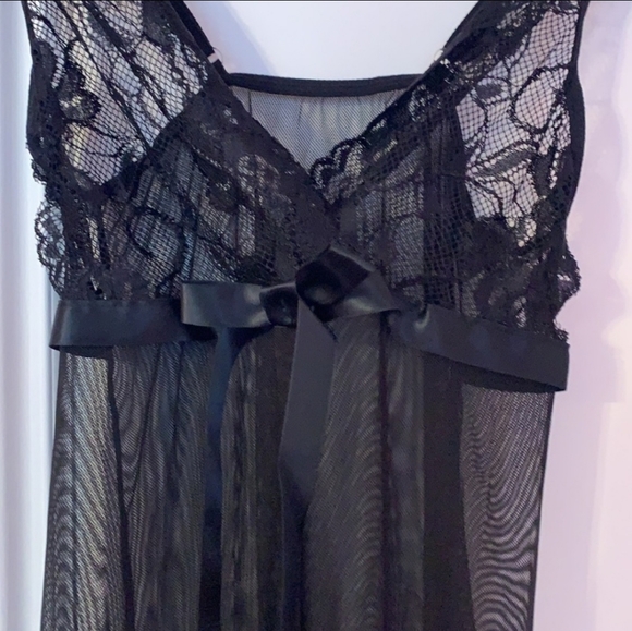 Contrast Lace Bow Front Sheer Mesh Night Dress With G-String Sz S - Picture 2 of 6